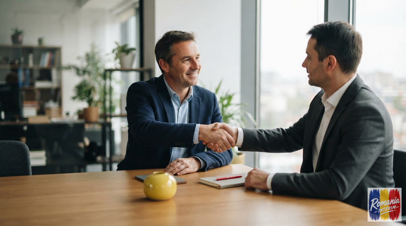 Une poignée de main entre un employeur français et un recruteur roumain.