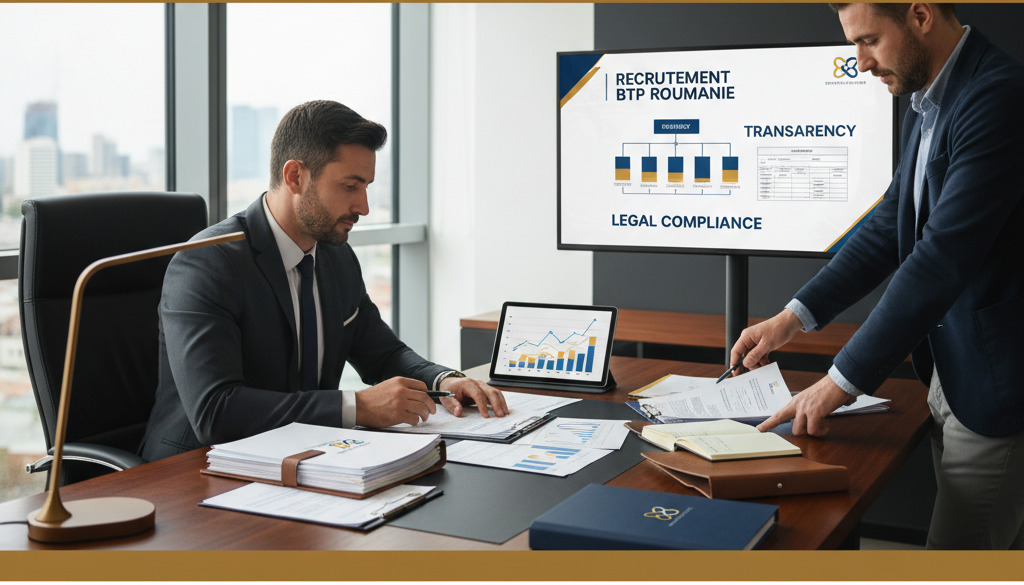 Bureau : manager examinant des contrats pour le recrutement BTP international.