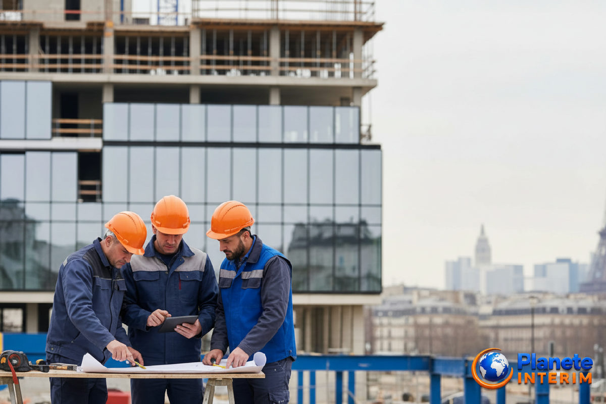 comment recruter intérimaires roumains en france - Ouvriers roumains qualifiés sur un chantier moderne en France.