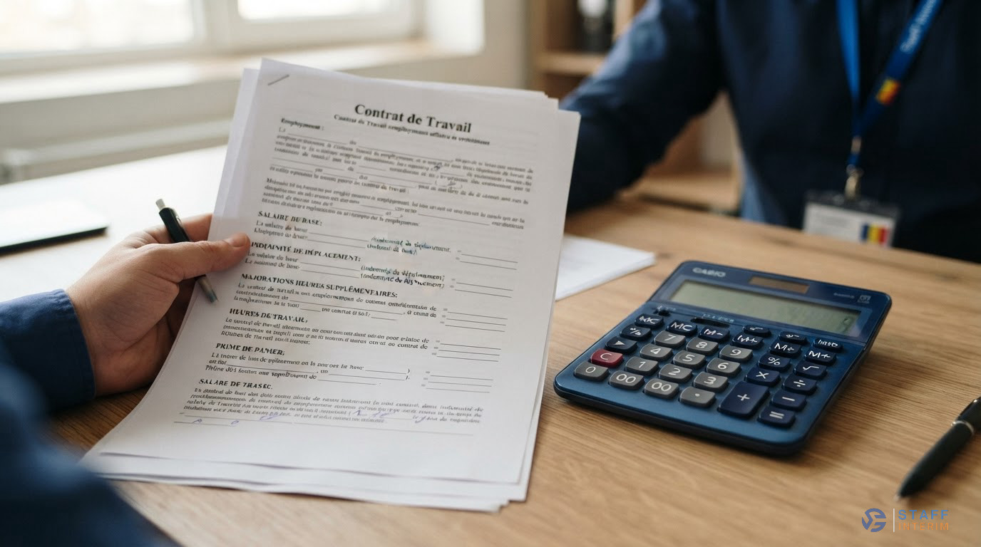Un contrat de travail et une calculatrice sur un bureau de gestion.
