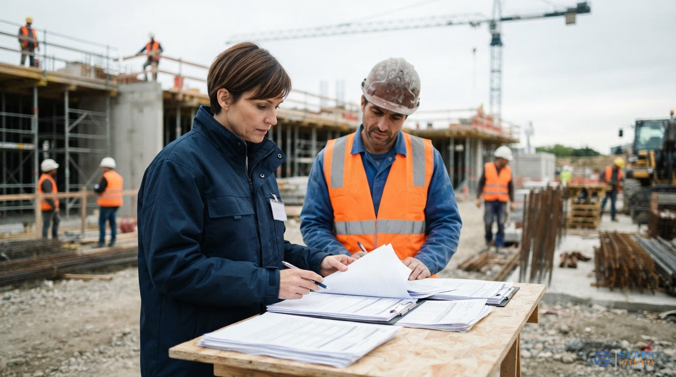 Un inspecteur du travail vérifie des documents sur un chantier de construction.