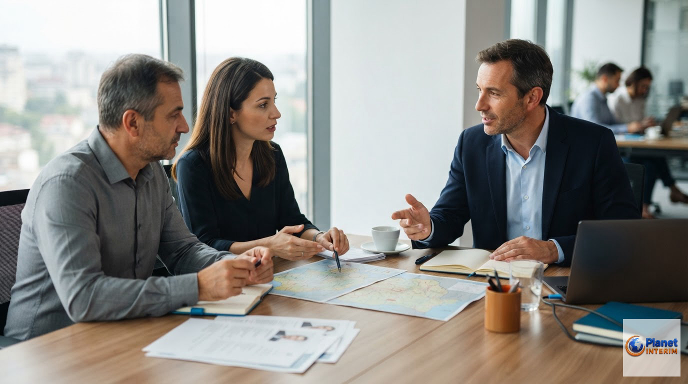 comment choisir agence intérim roumanie - Réunion professionnelle entre un manager français et des recruteurs roumains autour de documents.