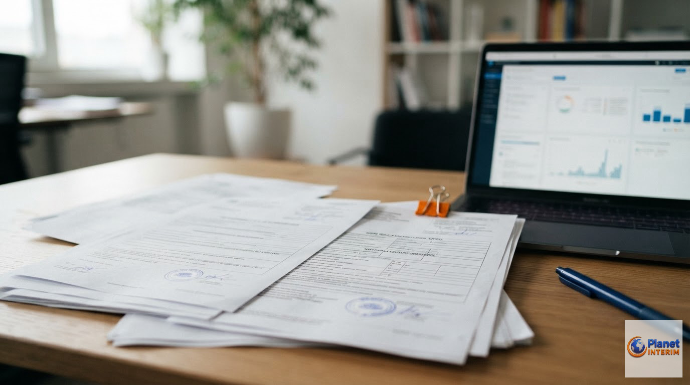 Documents administratifs pour travailleurs intérimaires roumains posés sur un bureau près d'un ordinateur.