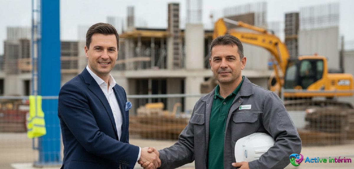 Professionnels français et roumain se serrant la main sur chantier.