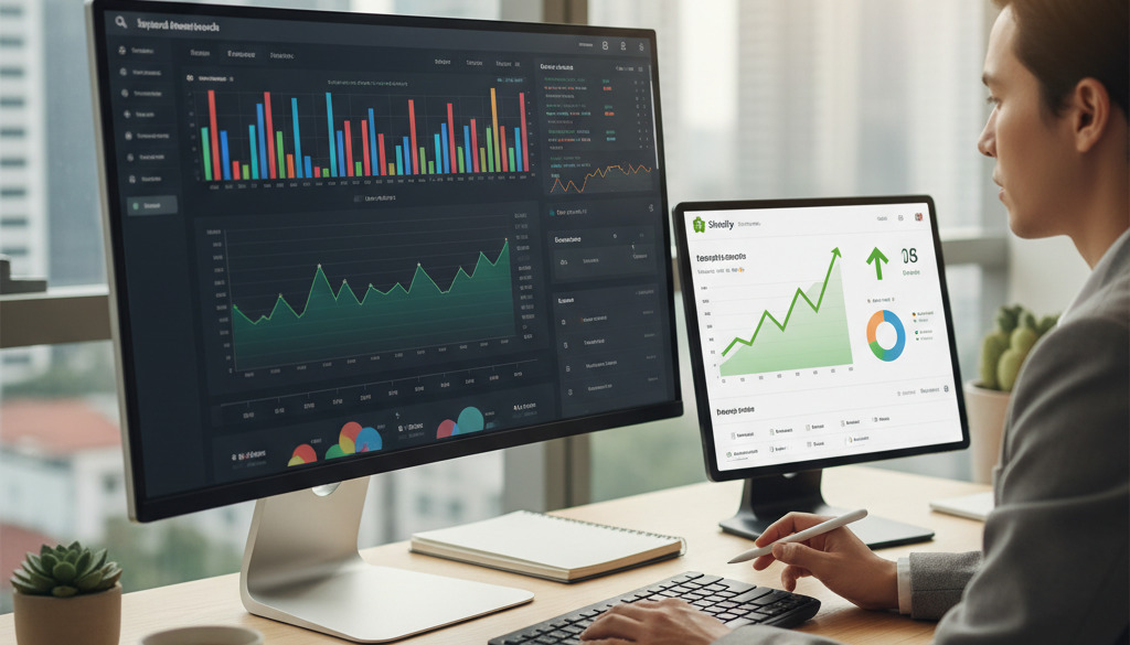 Digital marketer analyzing Shopify sales data in a modern workspace.