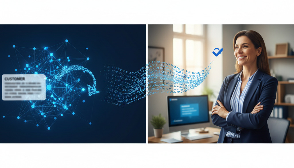 AI tool personalizes customer review response; happy business owner.
