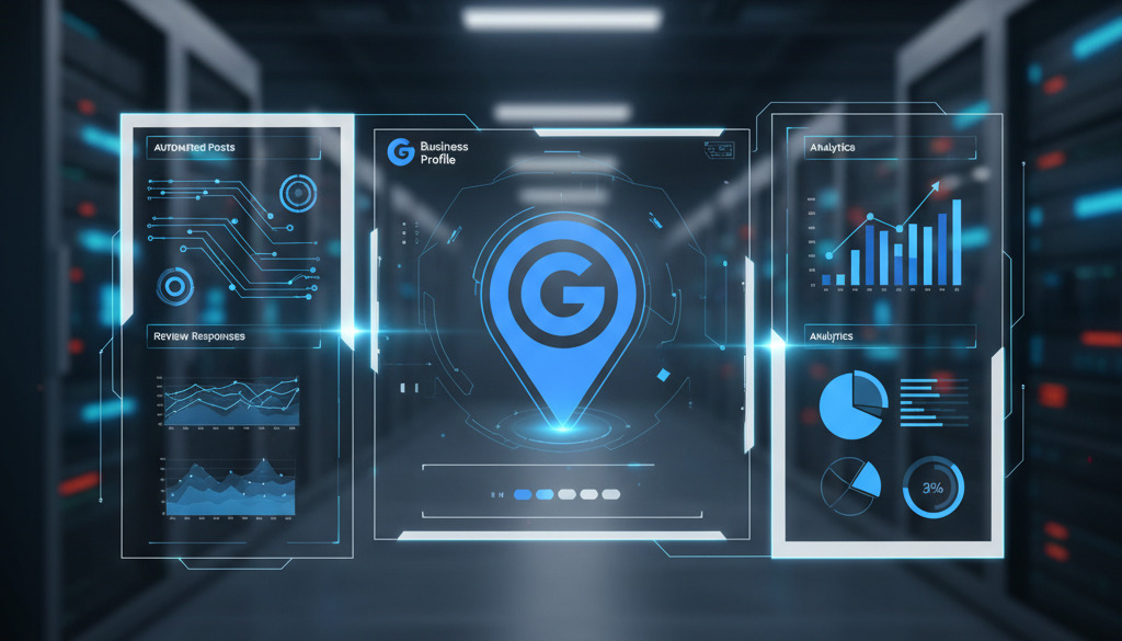 Futuristic dashboard shows AI managing Google Business Profile operations.