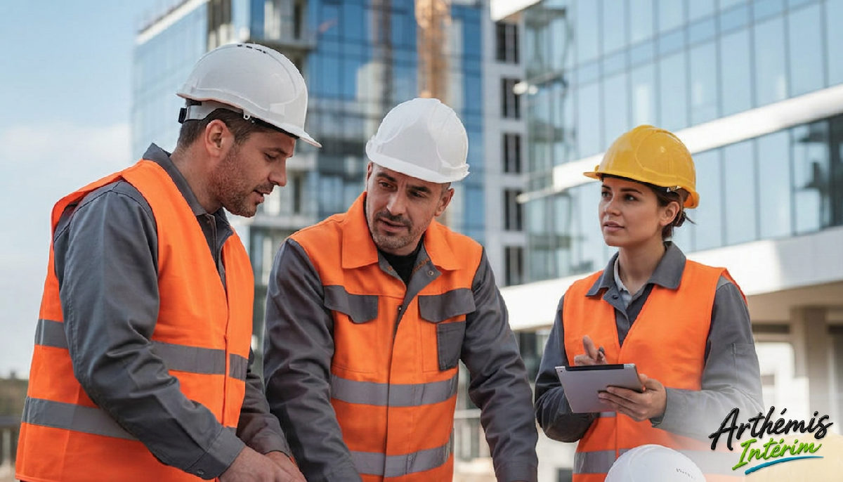 optimisation coûts rh salaires roumains France - Travailleurs qualifiés sur un chantier moderne en France.