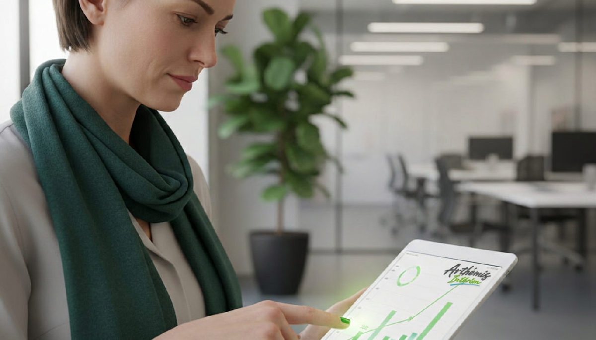 Un gestionnaire RH analyse des graphiques financiers sur tablette.