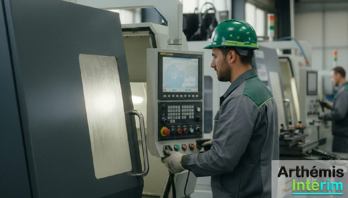 Technicien roumain opérant une machine de précision en France.