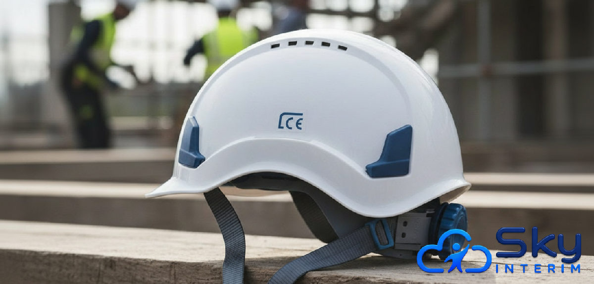Gros plan sur un casque de sécurité aux normes.