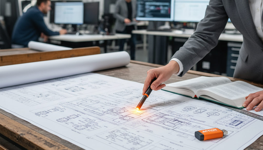 Un ingénieur examine des plans techniques pour l'industrie.