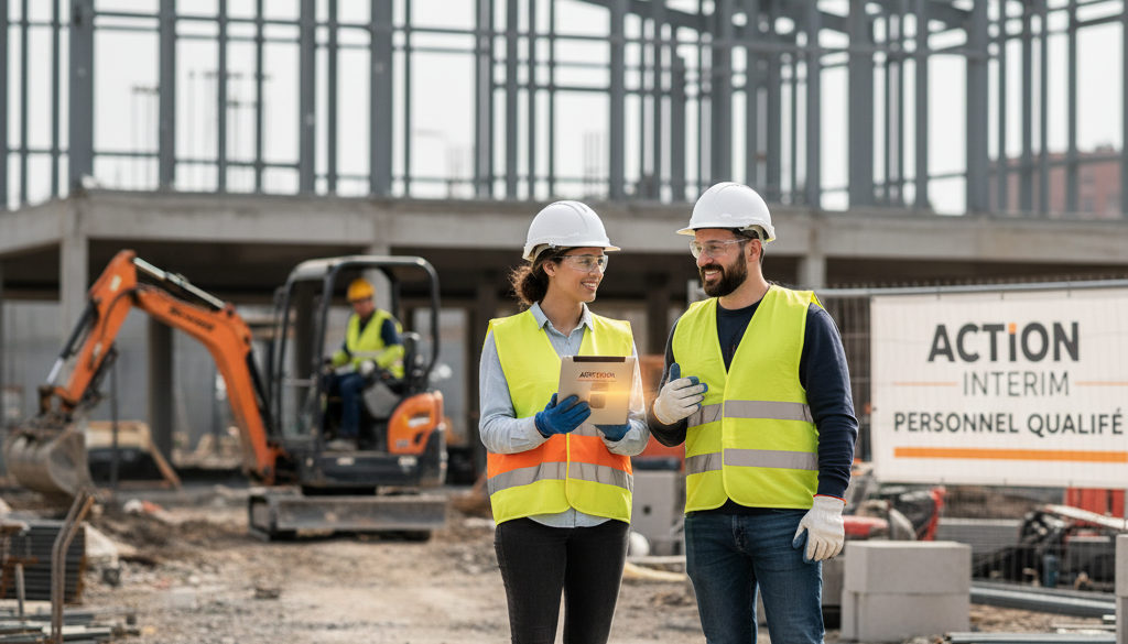 Ouvriers qualifiés sur chantier avec équipements, illustrant le personnel détaché.