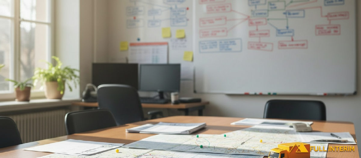 Bureau de logistique avec cartes de France et plannings.