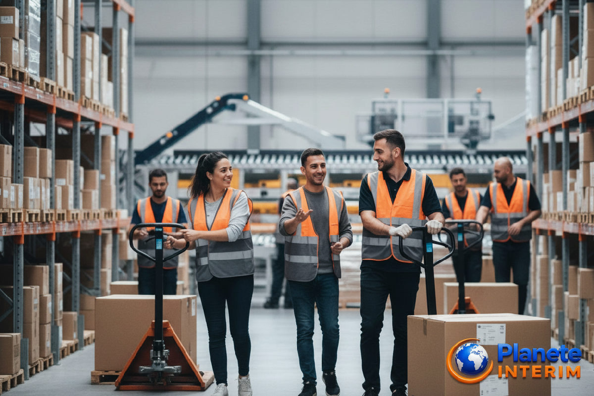comment recruter ouvriers logistique roumains rapidement? - Entrepôt logistique moderne avec préparateurs de commandes en action.