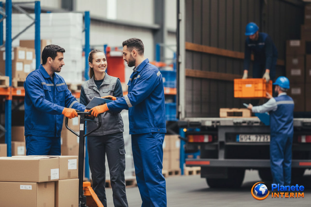 Équipe logistique roumaine et française collaborant sur un quai.