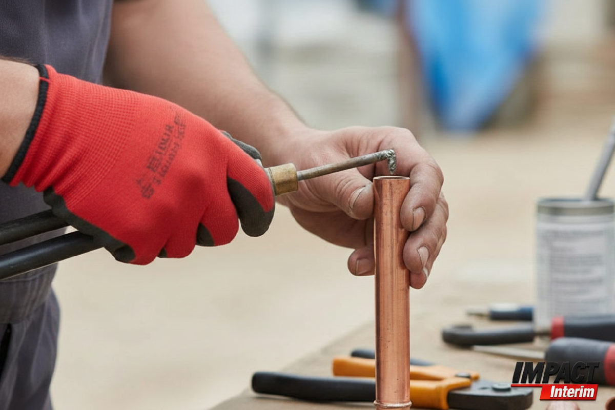Mains habiles assemblant des raccords en cuivre avec précision.