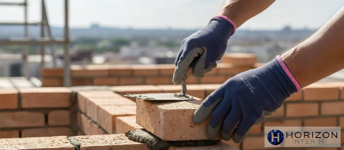Mains expertes d'un maçon roumain posant des briques avec précision.