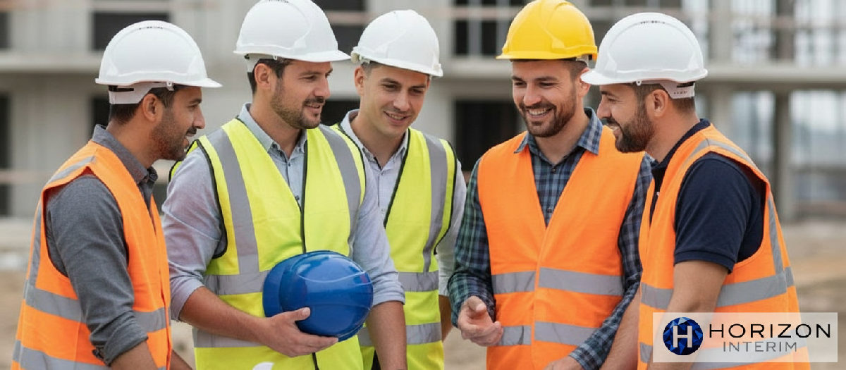 Équipe mixte discutant d'un plan de construction, symbole d'intégration.