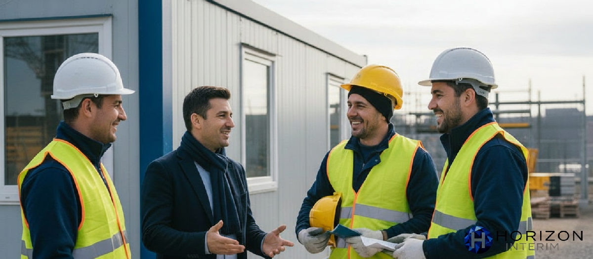 Travailleurs roumains souriants avec un consultant devant un bureau de chantier.