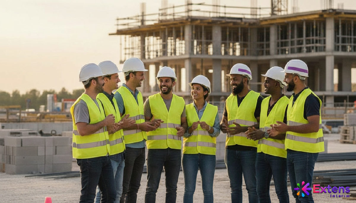Équipe diversifiée de travailleurs du BTP souriant sur un chantier.