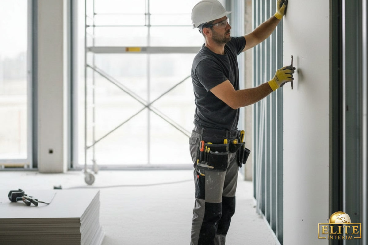 comment recruter plaquistes roumains qualifiés - Plaquiste roumain travaillant sur un chantier en France.