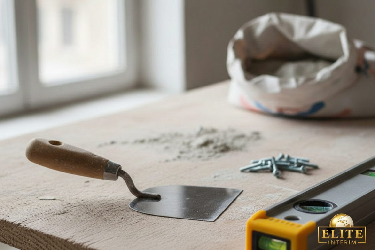 Gros plan sur les outils de travail d'un plaquiste.