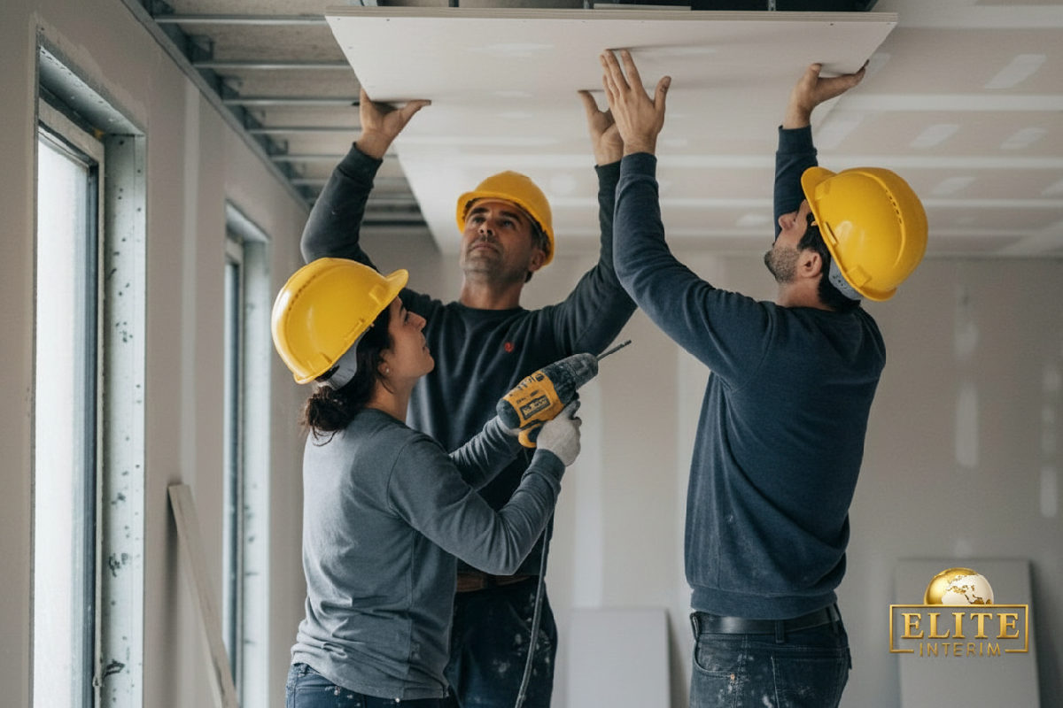 Équipe mixte de construction travaillant sur un plafond.