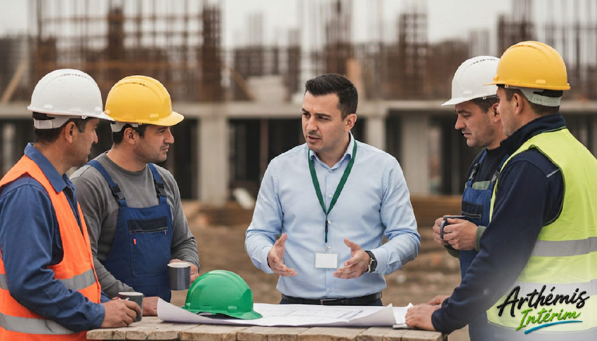 Ouvriers roumains en discussion avec un consultant Artheimis Interim.