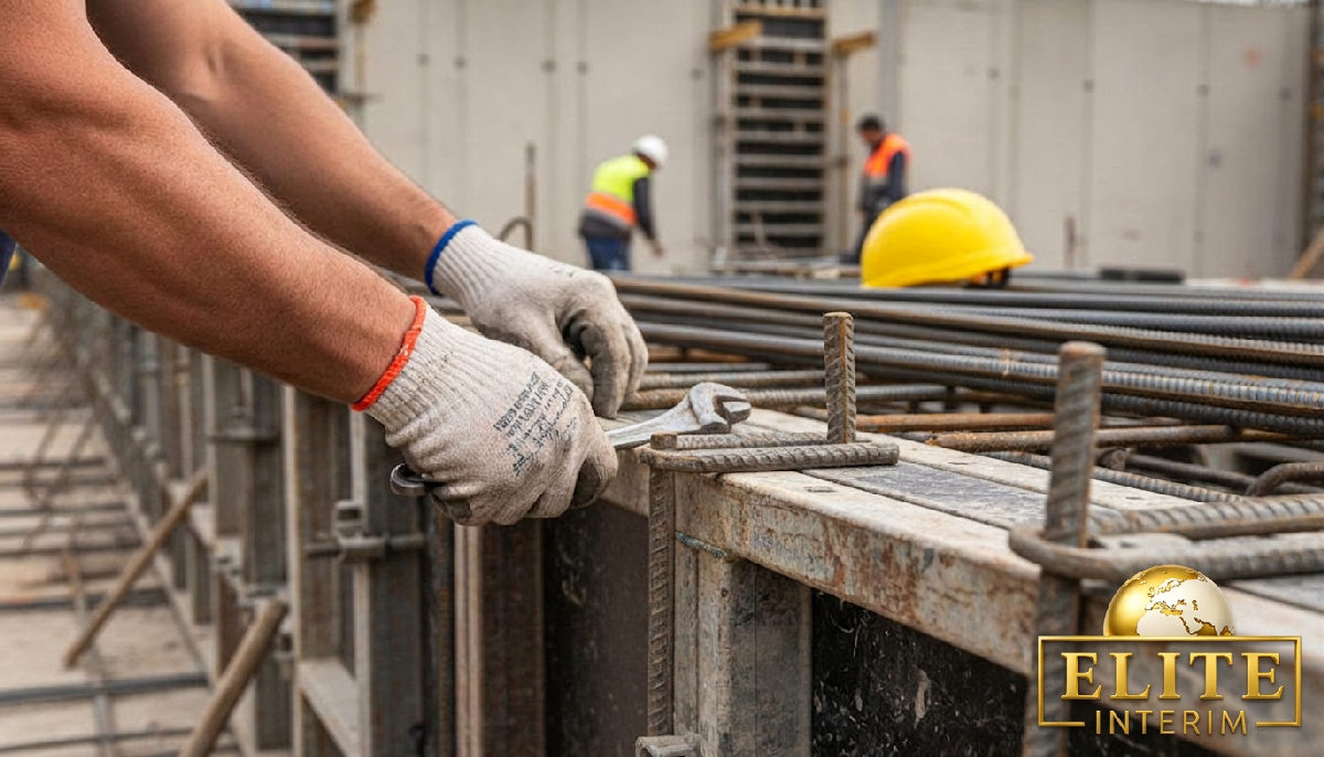 Coffreur roumain ajustant un coffrage métallique sur un chantier lyonnais.