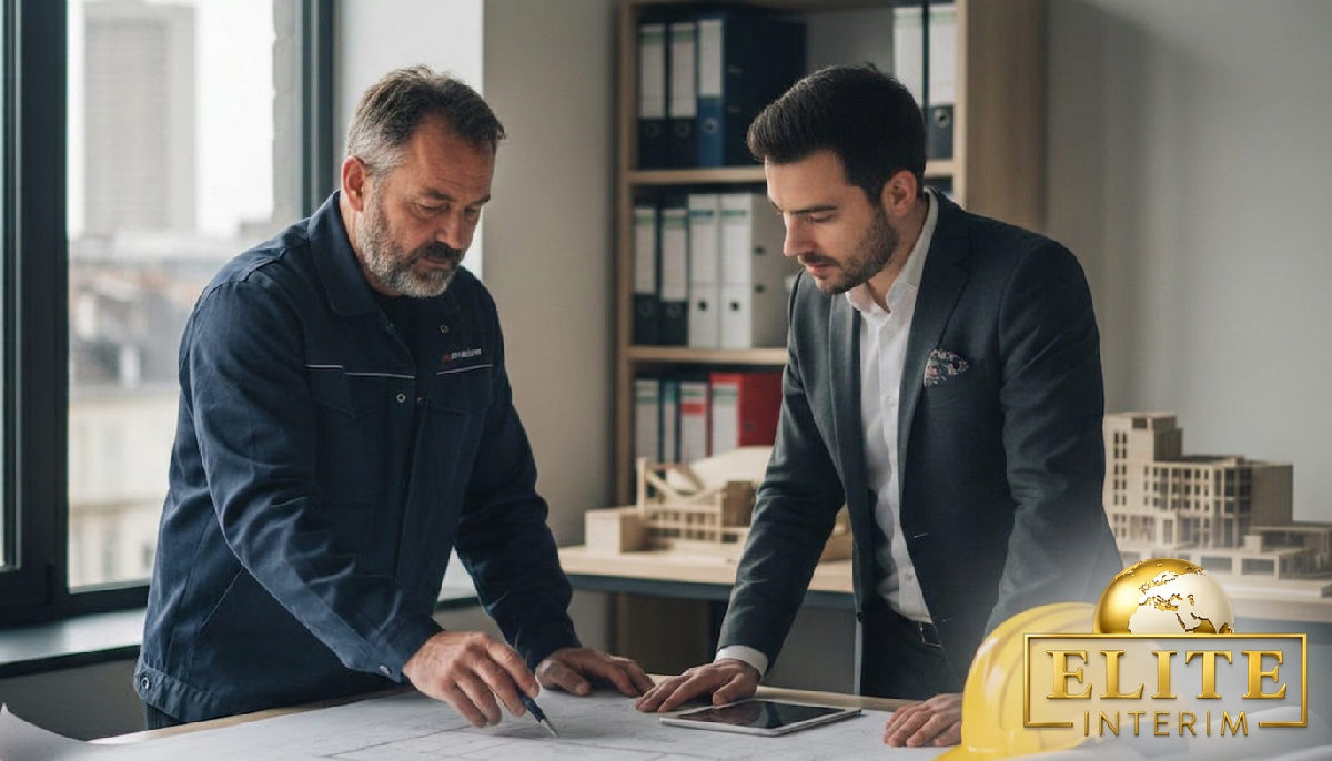 Gérant d'entreprise de BTP collaborant sur des plans de construction à Lyon.