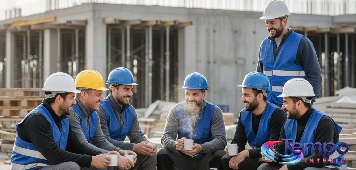 Ouvriers roumains et français en pause café sur un chantier.