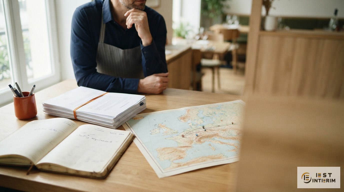 Un bureau de gestionnaire avec des documents de travail et une carte.