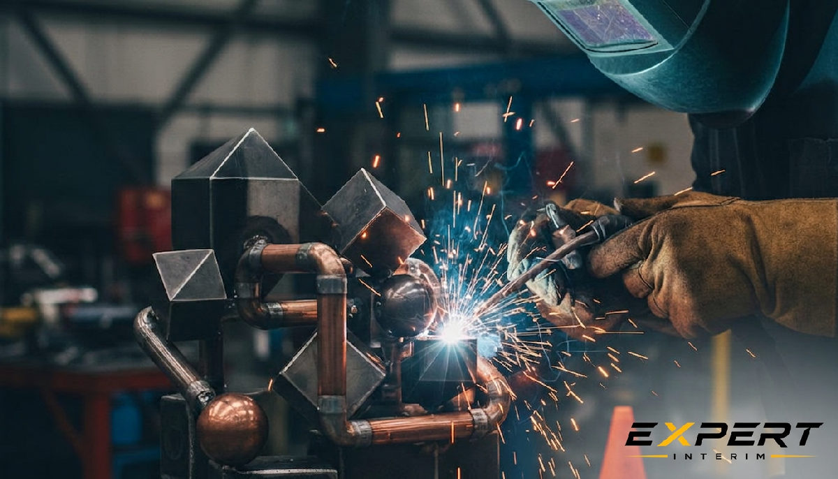 Soudeur qualifié travaillant sur une structure métallique complexe.