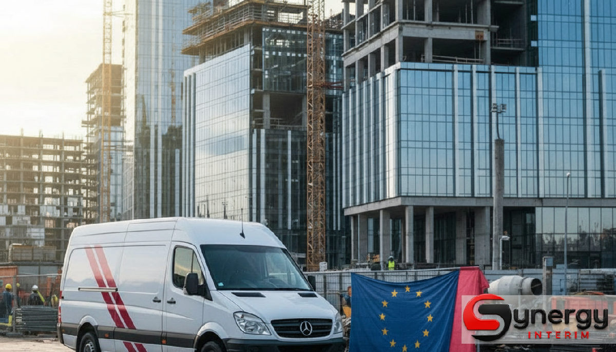 Agence intérim Roumanie : que vérifier avant signer ? 2 Fourgon devant un chantier, illustration de la logistique d'une agence interim roumaine.