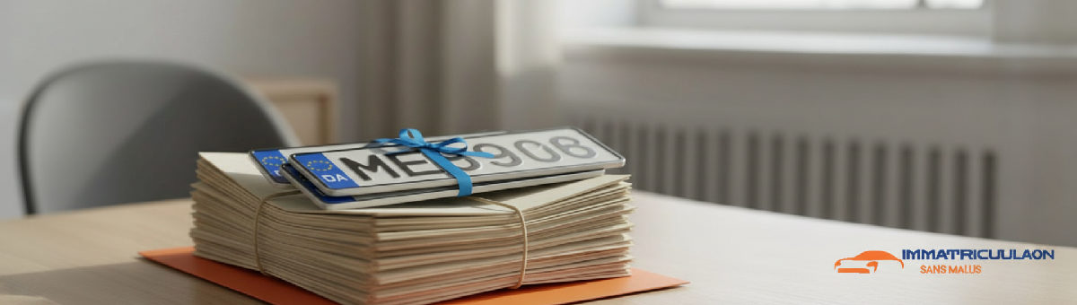 Dossier administratif avec plaques roumaines et documents.