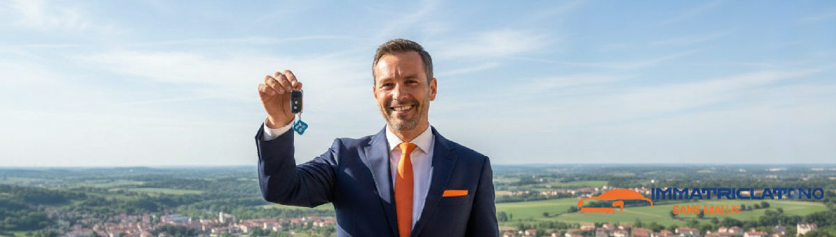 Homme d'affaires souriant avec clés de voiture.