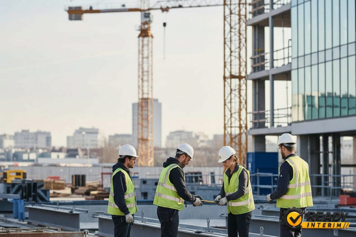 Ouvriers du BTP travaillant efficacement sur un chantier moderne en France.