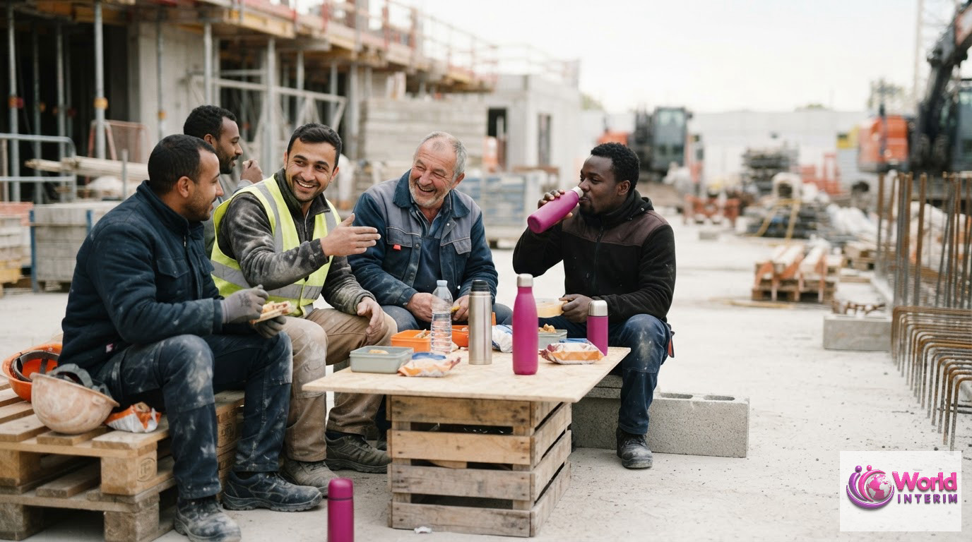 Des ouvriers de diverses nationalités déjeunant ensemble sur un chantier de construction.