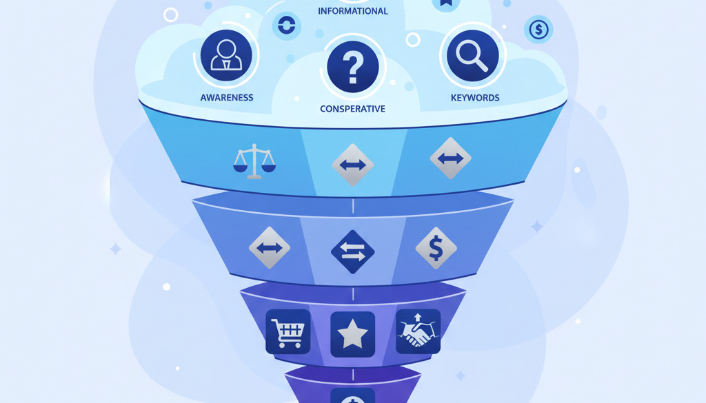 Marketing funnel illustrated with AI-identified keywords at each stage.
