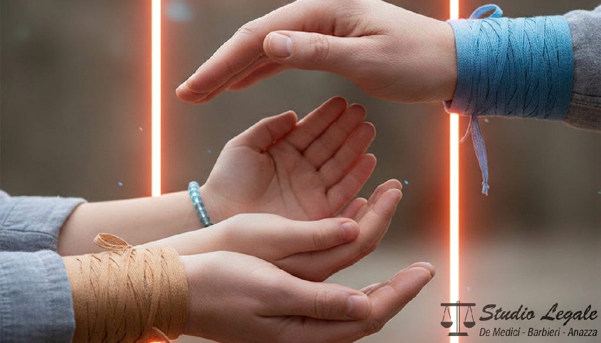 Mani adulte proteggono mani di bambino, tutela minori.