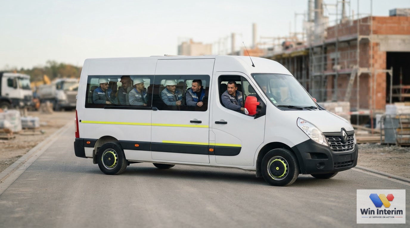 Un minibus transportant des travailleurs intérimaires vers un grand site industriel.