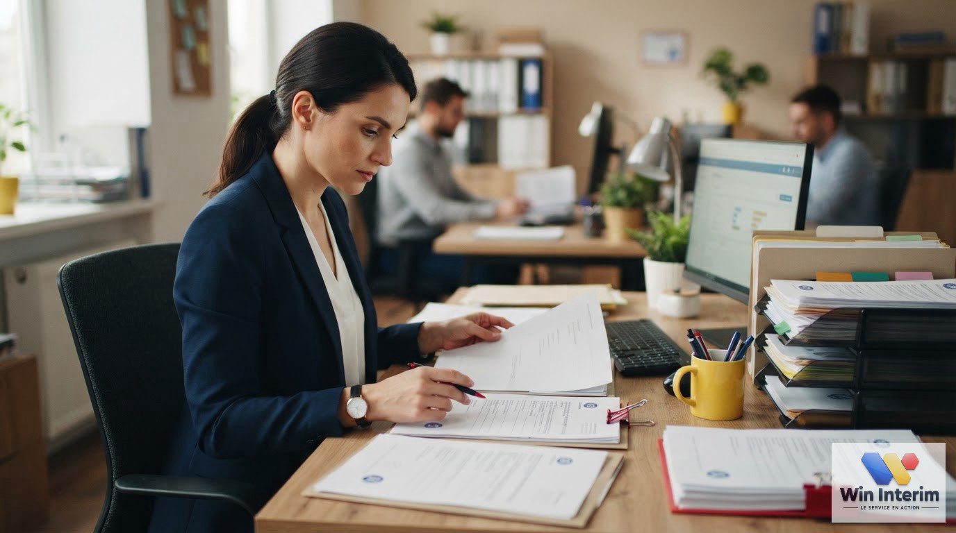 Un bureau administratif gérant des dossiers de conformité pour le travail européen.