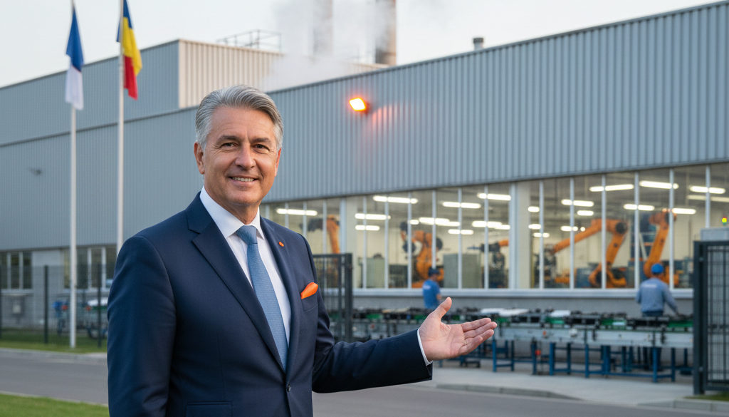 PDG souriant : succès de l'usine grâce au partenariat franco-roumain.