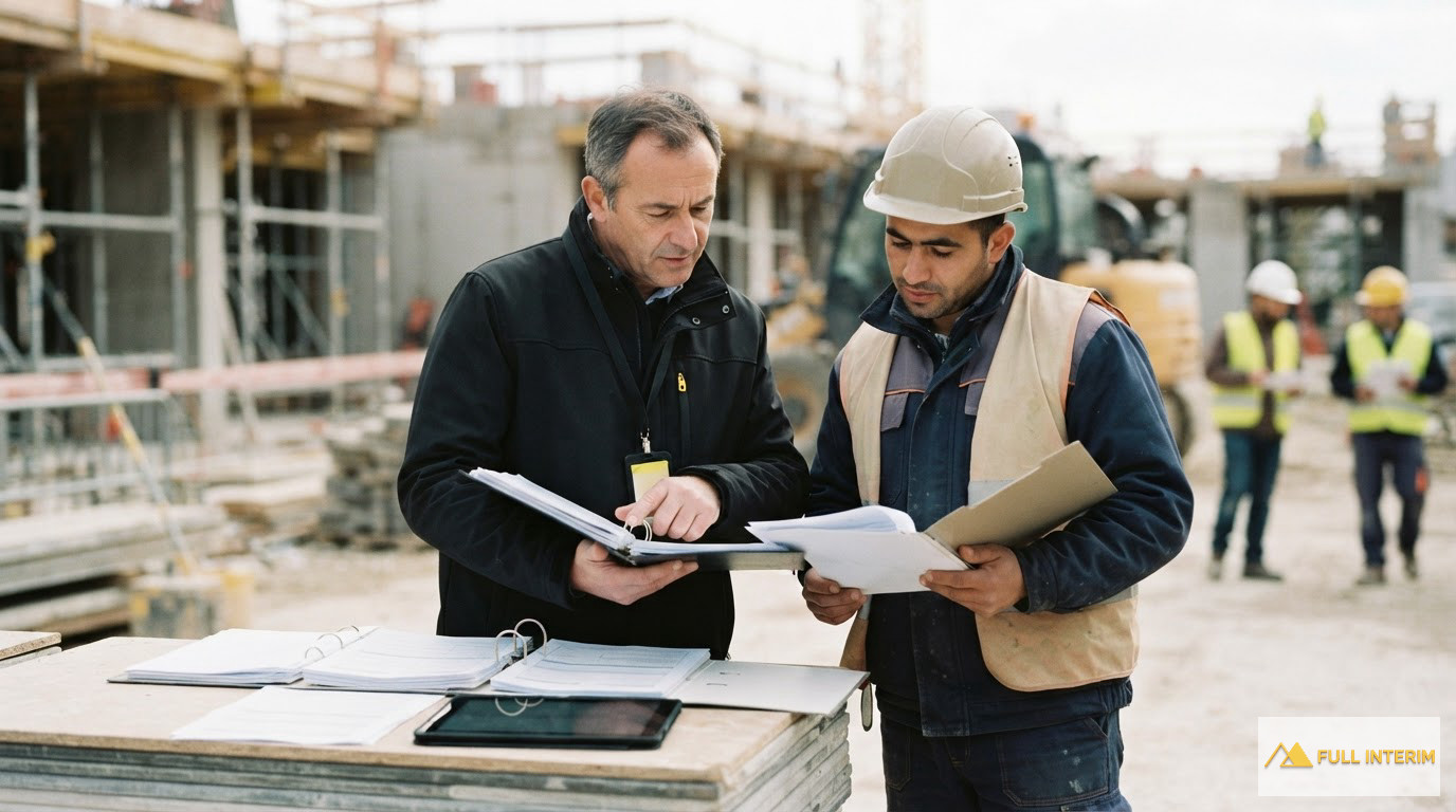 Un inspecteur vérifiant des documents officiels sur un chantier de construction.