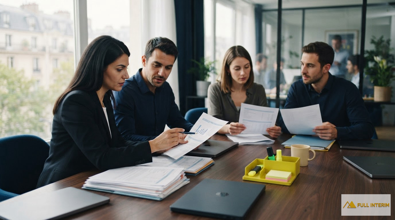 Des cadres analysant des rapports de conformité dans une salle de réunion.