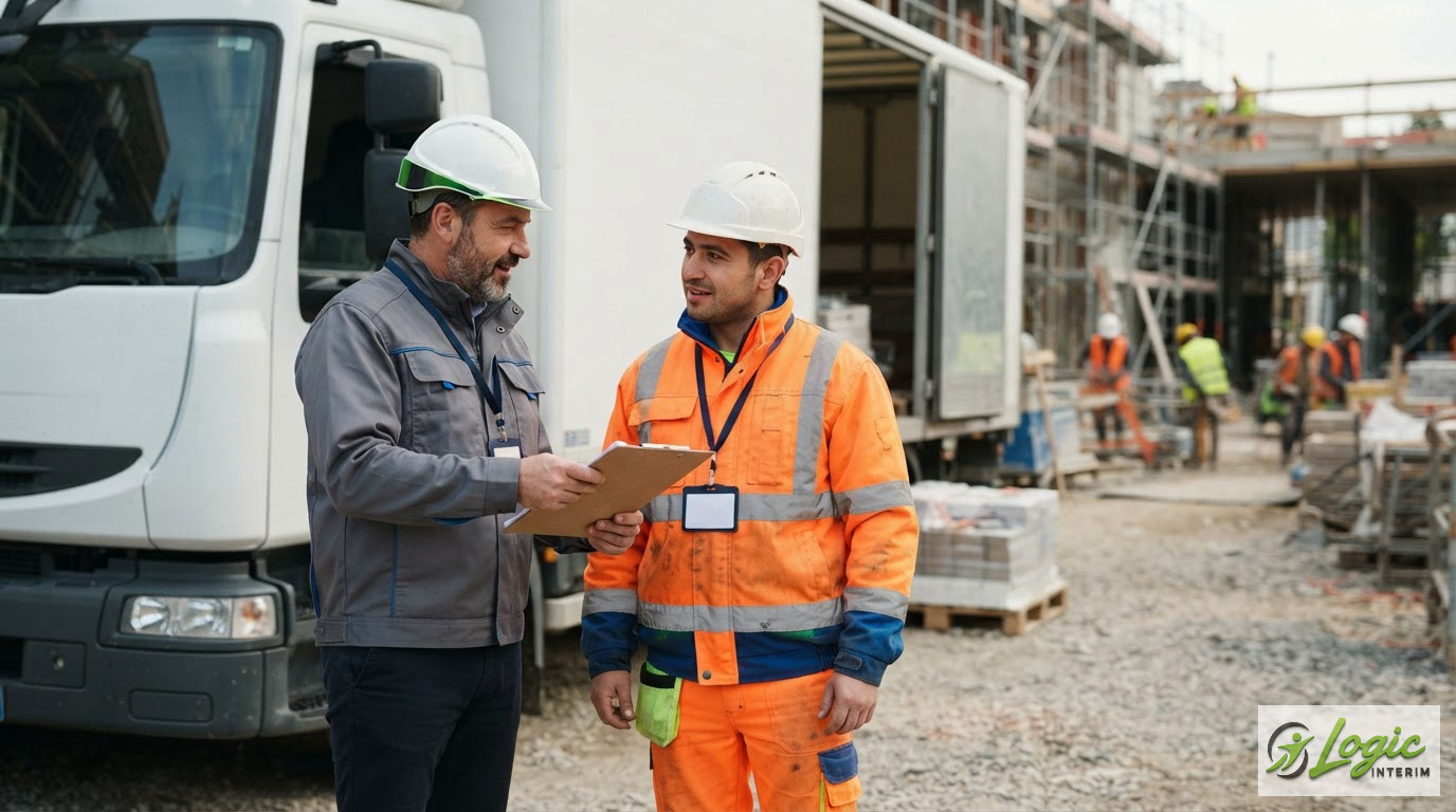 Un chef de chantier et un travailleur discutant devant un camion logistique.