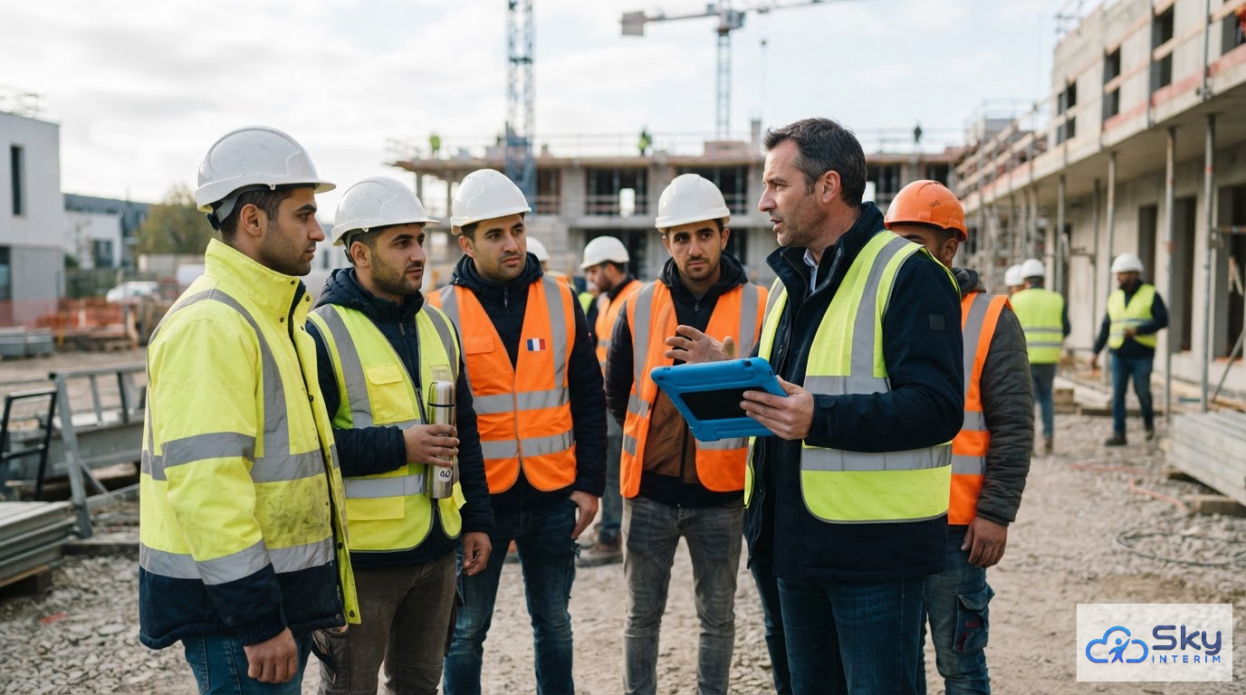 Une réunion de sécurité d'ouvriers en gilets haute visibilité sur un chantier.