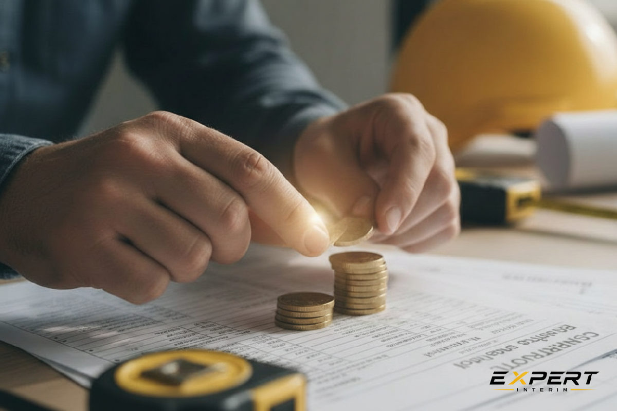 Mains manipulant pièces et documents de paie BTP, symbolisant l'économie.
