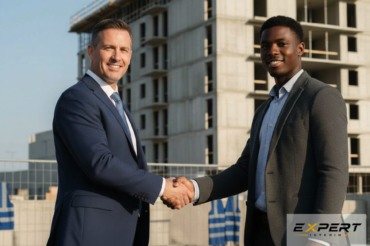 Chef d'entreprise BTP et partenaire se serrant la main devant un chantier.